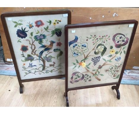 An early 20th Century firescreen, embroidered panel, 79cm high, 56cm wide, plus another (2)