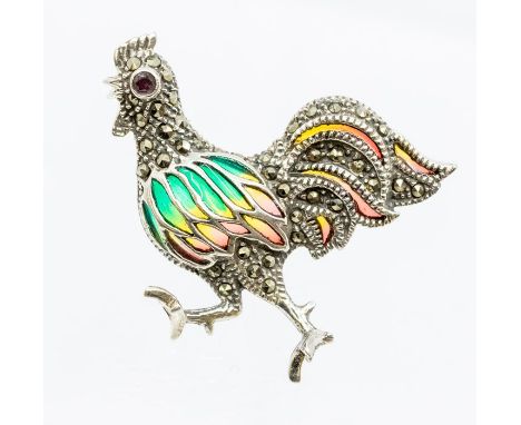 A plique a jour silver and enamel brooch in the form of a cockerel, ruby set eye and marcasite details, size approx. 35mm x 4