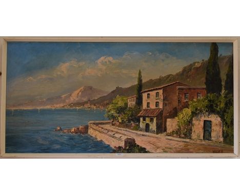 A 20th Century oil on canvas depicting an Italian scene overlooking a bay, pallet knife, 57 x 117 cm, signed Walaski l r, fra