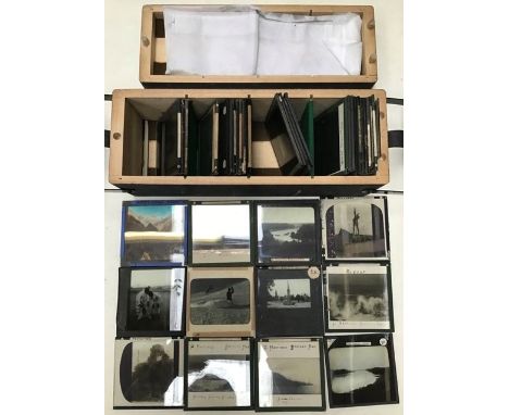Collection of 38 magic lantern slides, to include three of the Panama Canal (one showing a family outside building); one depi