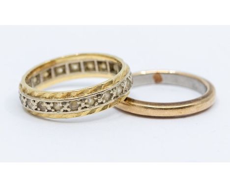 An 18ct gold stone set eternity ring, set with white stones, size K, total gross weight approx 2.8gms along with a 9ct rose g