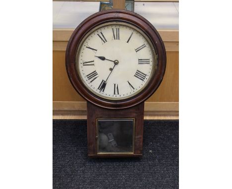 A 19th Century mahogany wall clock, black Roman numerals on a white dial, 74cms high approx