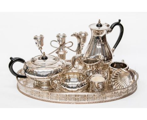 A Georgian style silver plated tea service comprising teapot, coffee pot milk jug, sugar bowl, tray, candelabra etc&nbsp;