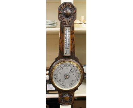 Early 20th Century oak barometer and thermometer