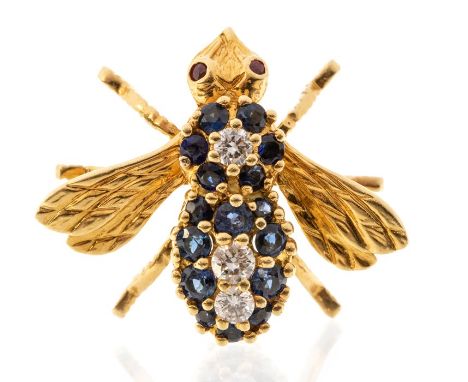 Tiffany & Co-  a diamond and sapphire 18ct yellow and white gold bee brooch, the body set with a row of round brilliant cut d