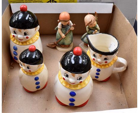 Goebel; a collection of Goebel Happy Clown condiment jars to include; two jam jars 8300914 and 8345213; mustard pot 7219911 a
