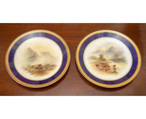 A pair of Royal Worcester cabinet plates by John Stinton, circa 1917, of plain circular form and painted with cattle in Highl