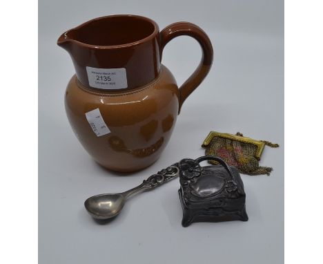 Art Nouveau small trinket box Georg Jensen style pewter spoon, 1920s chainmail purse and Cadburys stoneware jug