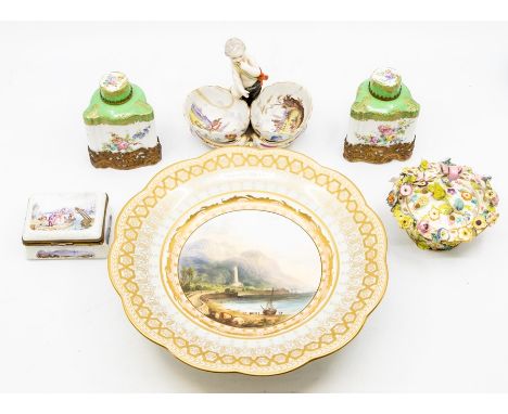 Davenport Longport hand painted 19th Century cake stand with coastal scene along with two matching hand painted 19th Century 