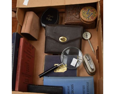 A collectors lot to include serving trays, books, treen boxes, playing cards in cases and desk light (Q)