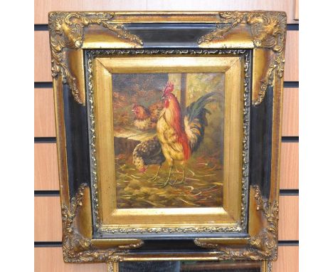 In the manner of Edgar Hunt (1876 - 1953), oil on canvas depicting a cockerel and chickens, 23 x 19 cm, signed l r in ornate 