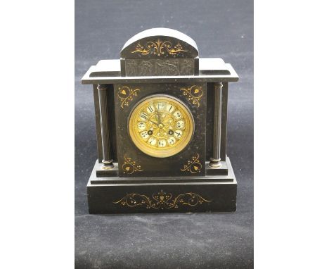 French 19th Century black slate mantle clock with early 20th Century brass oil lamp (2)