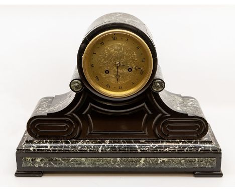 A French black and variegated marble mantel clock, circa 1890, the barrel moulded case on a volute scroll and plinth base ins