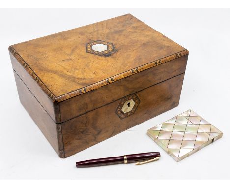 A late Victorian walnut trinket box with mother of pearl card tray, plus a 1960's style fountain pen