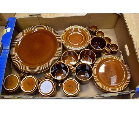 A Hornsea Heirloom brown glazed part tea set, comprising six cups, six saucers, six side plates, six dinner plates, mugs etc 