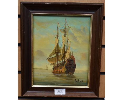 Study of a galleon, oil on canvas, signed Ambrose l r,&nbsp; 24 x 19 cm , framed