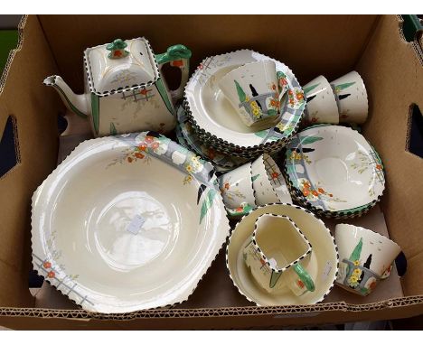 A Burleigh Ware Riviera pattern tea set for six, including teapot, milk, sugar, cups, saucer, fruit bowl, side plates, etc&nb