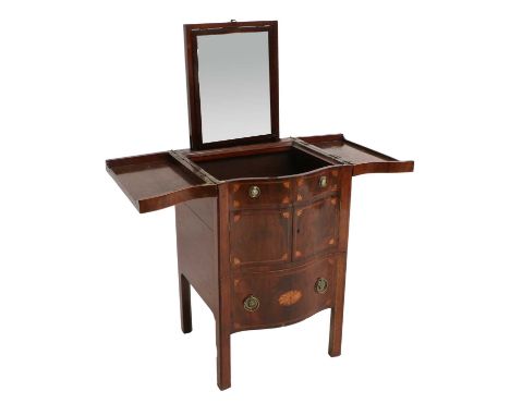 A George III Mahogany, Tulipwood-Banded and Marquetry-Inlaid Serpentine-Shape Washstand, late 18th century, the hinged leaves