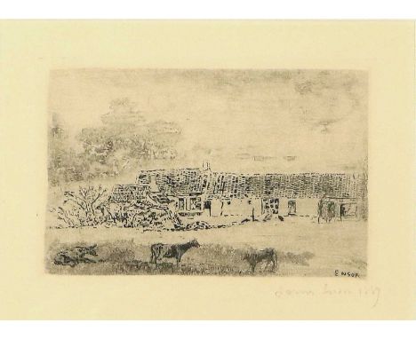 James Ensor (1860-1949) Belgian"Ferme à Leffinghe"Signed and dated 1889, etching, 11cm by 14.5cm