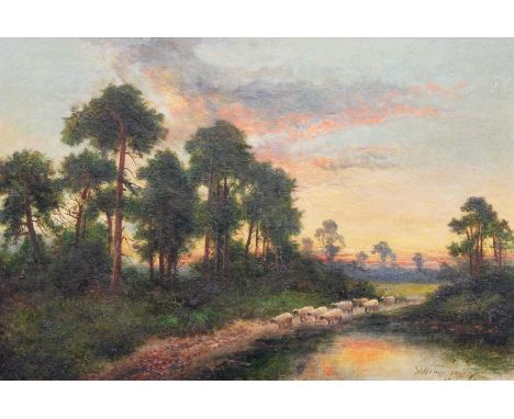 William Langley Sheep on the move at sunsetSigned, oil on canvas, 39.5cm by 60cmCovered in a thick layer of dirt and discolou