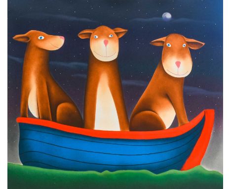 Mackenzie Thorpe (b.1956)"Three Dogs in a Boat"Signed, inscribed and numbered 332/395, giclee print, 70cm by 77.5cm
