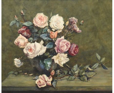 James William Booth RCam A (1867-1953)"Roses"Signed and dated 1936 with original artist's label verso, watercolour, 49cm by 5
