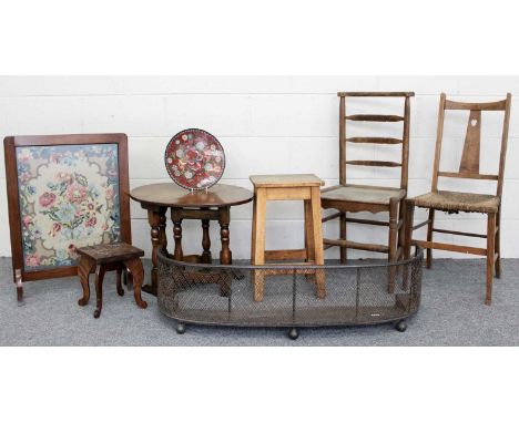 A Modern Oak Gateleg Coffee Table, two chairs, two stools, a fire screen, a wirework fender, and a cloisonne plate (8)