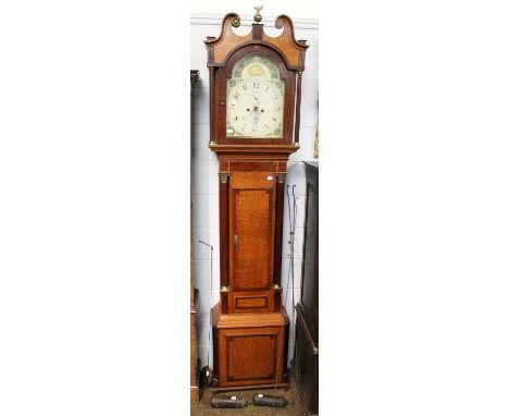 An Oak and Mahogany Eight Day Longcase Clock, 13" arch painted dial, later case, 250cm highWith pendulum and two weights