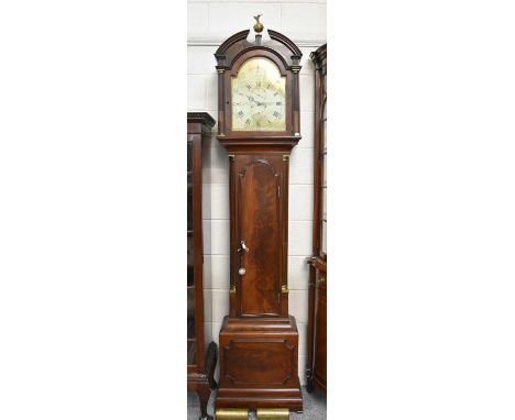 A Mahogany Eight Day Loncase Clock, Signed Thos Savage, London, Circa 1790, swan neck pediment, hood columns and trunk pilast