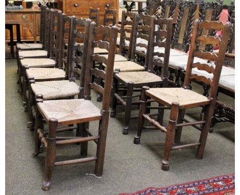 Twelve Similar Oak Ladder Back Rush Seated Kitchen Chairs 
