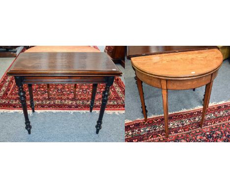 A 19th Century Demi-Lune Satinwood Foldover Card Table, 78cm by 39cm by 73cm (a/f), and A Later Mahogany Example, 85cm by 42c