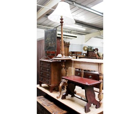 A Small Mahogany Four Drawer Chest, on bracket supports, 58cm by 38cm by 66cm; together with a Chinoisserie firescreen, a sta