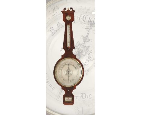 A Mahogany 14-Inch Dial Wheel Barometer, signed L.Balerna, Halifax, circa 1840, swan neck pediment, 14-inch silvered dial, th