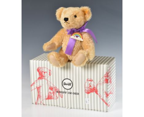 Steiff/Danbury Mint Rainbow teddy bear light-brown mohair, wearing purple ribbon and an enamel badge with rainbow design and 