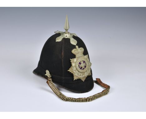 A Sherwood Foresters Derbyshire 2nd Volunteer Battalion other ranks spiked blue cloth helmet early 20th century, helmet with 