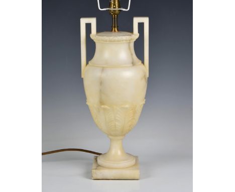 A neo-classical carved alabaster vase lamp angular handles and acanthus leaf decoration, raised on square plinth, height with