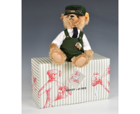 Steiff/Danbury Mint teddy bear 'Bill' reddish-brown mohair, design inspired by The Flying Scotsman. Gold-plated badge on cap 