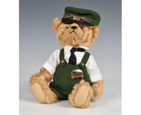 Steiff/Danbury Mint teddy bear 'Bill' reddish-brown mohair, design inspired by The Flying Scotsman. Gold-plated badge on cap 