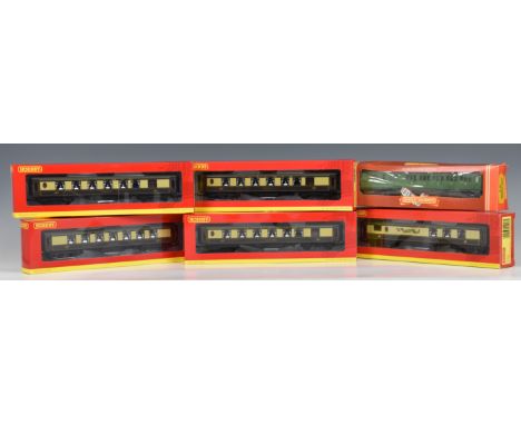 Five boxed Hornby OO gauge Pullman coaches comprising an R4418 Bar Car 'The New Century Bar', an R4483 1st Class Parlour Car 