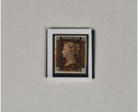 Philately interest - Queen Victoria penny black stamp four good margins, lettered Q L, red MX cancel. 