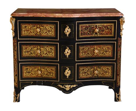 A Louis XIV style Boulle, ebony, gilt metal and marble serpentine commode late 20th century, the marble top over three drawer