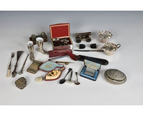 A rummage tray of vintage / antique collectables to include a burra nut vesta case; Georgian and later glasses; opera glasses