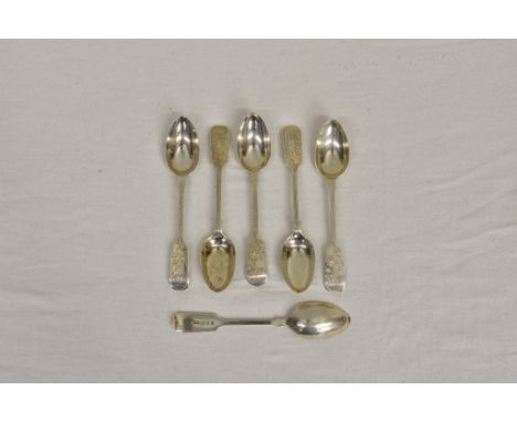 A set of six Channel Islands silver bright cut fiddle pattern teaspoons CT Maine, London 1909, inscribed initials ‘LleG’ to t