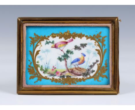 A small Sevres style porcelain plaque 19th century, painted with a mirror shaped reserve with birds in a wooded landscape, wi