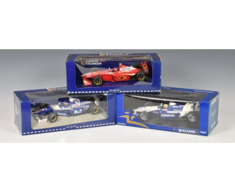 Three boxed 1:18 scale F1 Racing Cars to include Minichamps Williams F1 Team BMW FW23 R. Schumacher 2001; Jacques Villeneuve 