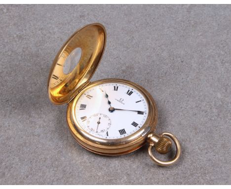 An Omega rolled gold half hunter fob wind pocket watch c.1916, with Dennison 'Moon' case, no. 884910, with black enamel Roman