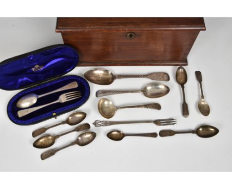 A collection of various silver flatware to include a cased fork and spoon set by Josiah Williams &amp; Co; pickle fork, Rober