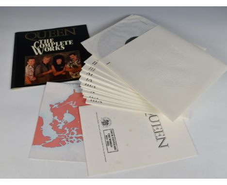 Queen, The Complete Works vinyl LP Box Set 1985 ref. QB1, containing fourteen LPs in white embossed sleeves, plus book, Tour 