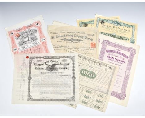 A small collection of late 19th and early 20th century share and bond certificates including a Confederate States of America 