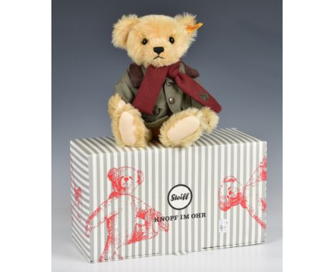 Steiff/Danbury Mint teddy bear wearing wax style jacket and scarf Light brown mohair, wearing jacket and scarf, with embroide